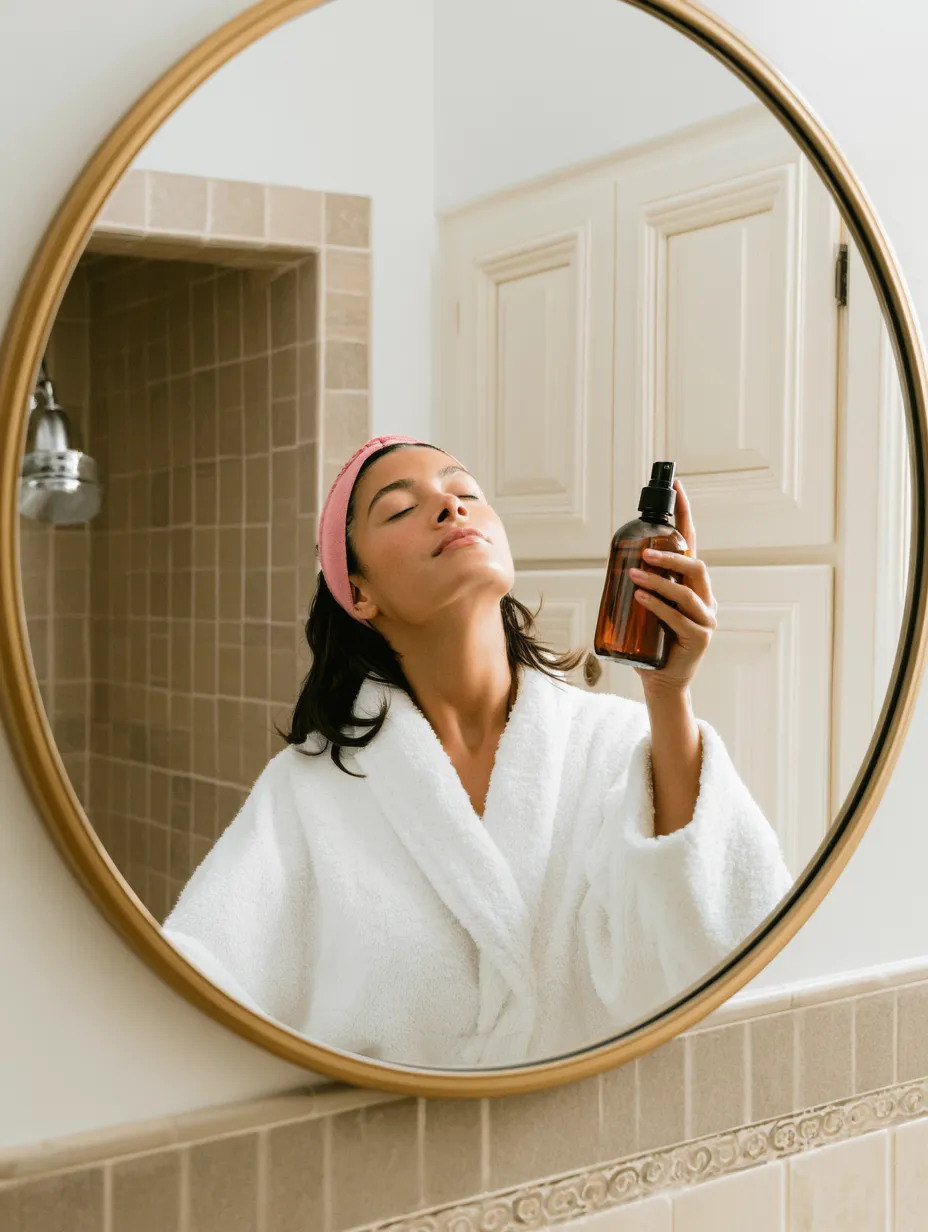 A woman in a robe and headband, reflected in a round mirror, misting her face